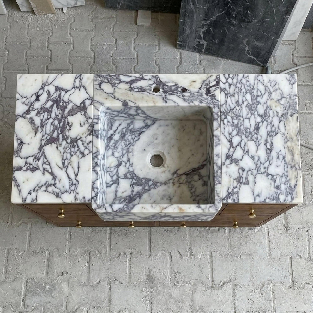 Viola Marble Sink | Hand Carved Calacatta Viola Marble Vanity Basin with Wood Vanity, Made in Small Batches — view 3