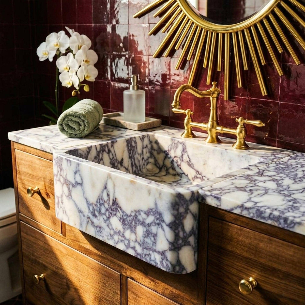 Viola Marble Sink | Hand Carved Calacatta Viola Marble Vanity Basin with Wood Vanity, Made in Small Batches — view 1