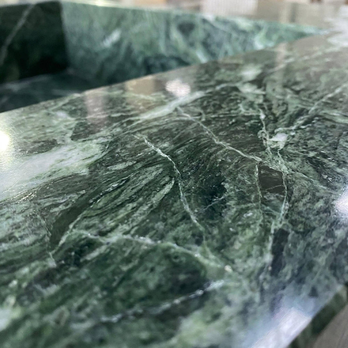 Fluted Green Marble Vanity Basin with Wood Vanity and Hand Carved Detail, Small Batch Made to Order — view 6