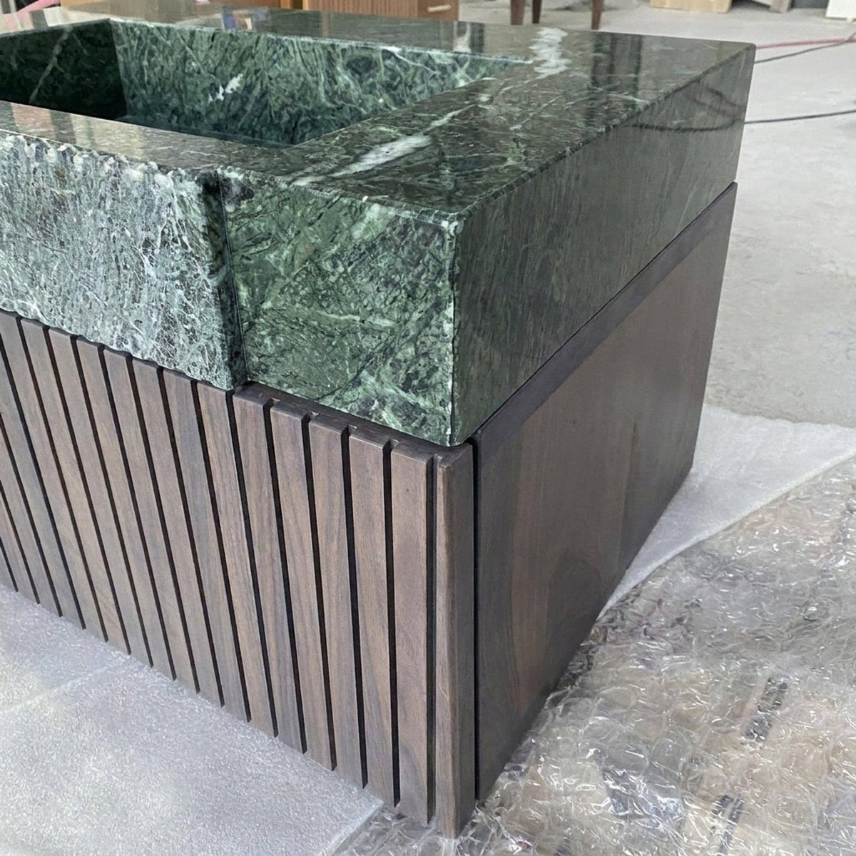 Fluted Green Marble Vanity Basin with Wood Vanity and Hand Carved Detail, Small Batch Made to Order — view 5