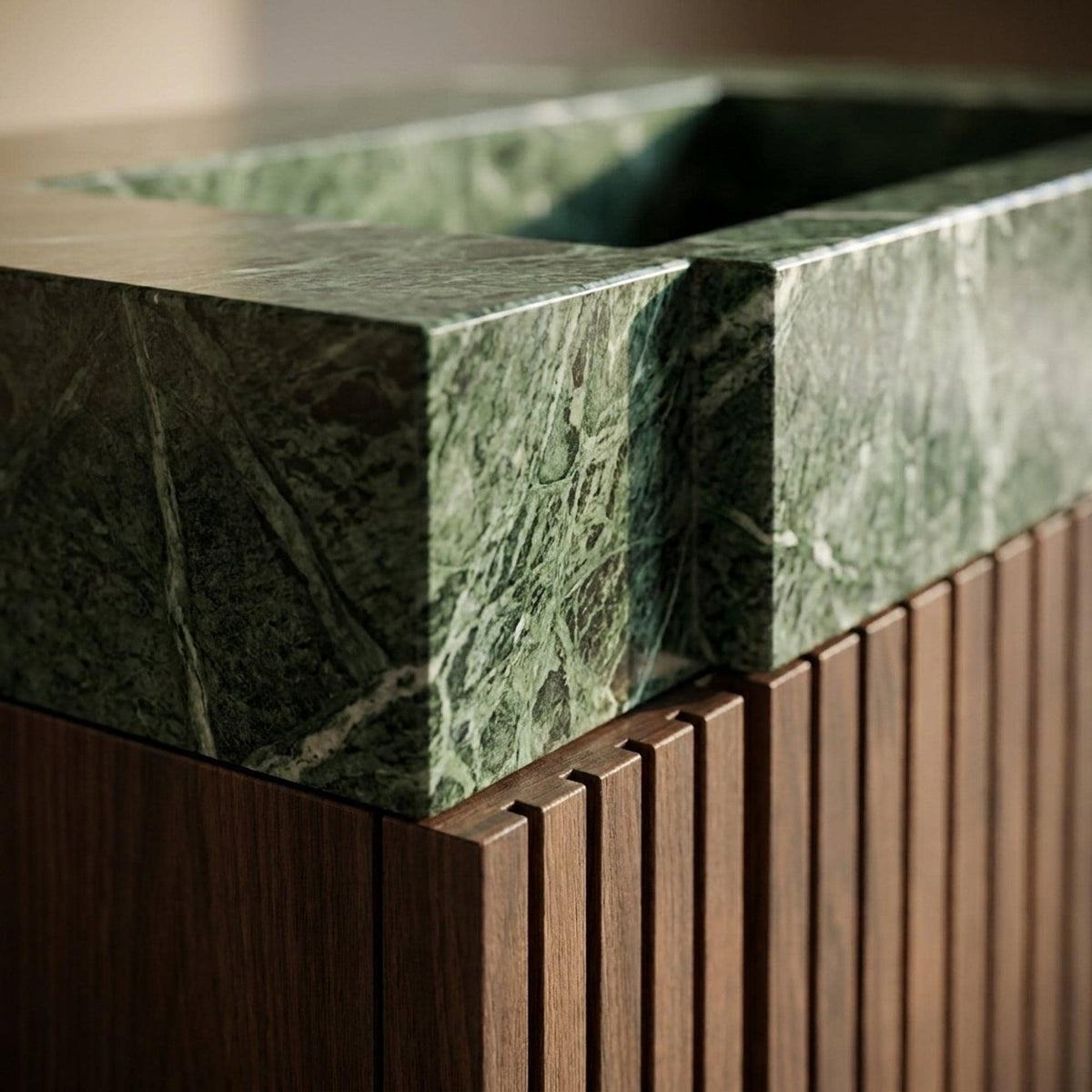 Fluted Green Marble Vanity Basin with Wood Vanity and Hand Carved Detail, Small Batch Made to Order — view 3