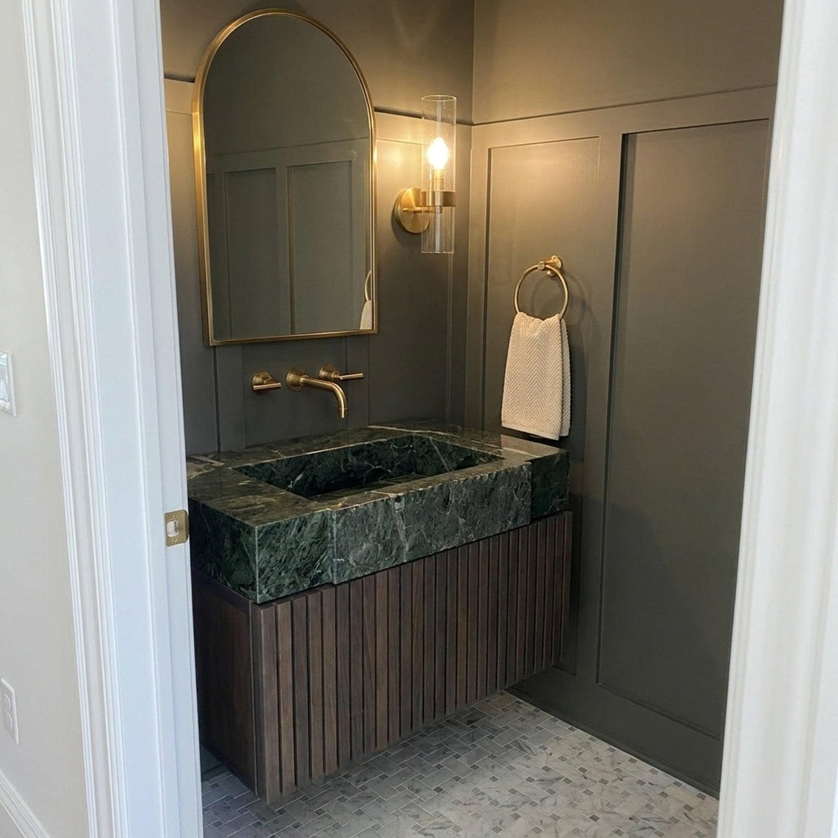Fluted Green Marble Vanity Basin with Wood Vanity and Hand Carved Detail, Small Batch Made to Order — view 1