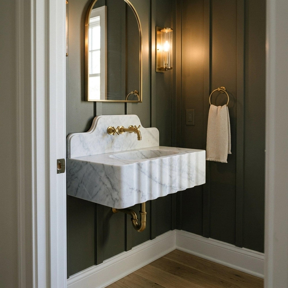 Custom Carrara Floating Marble Basin with Backsplash and Hand Carved Detail, Small Batch Artisan Production — view 2