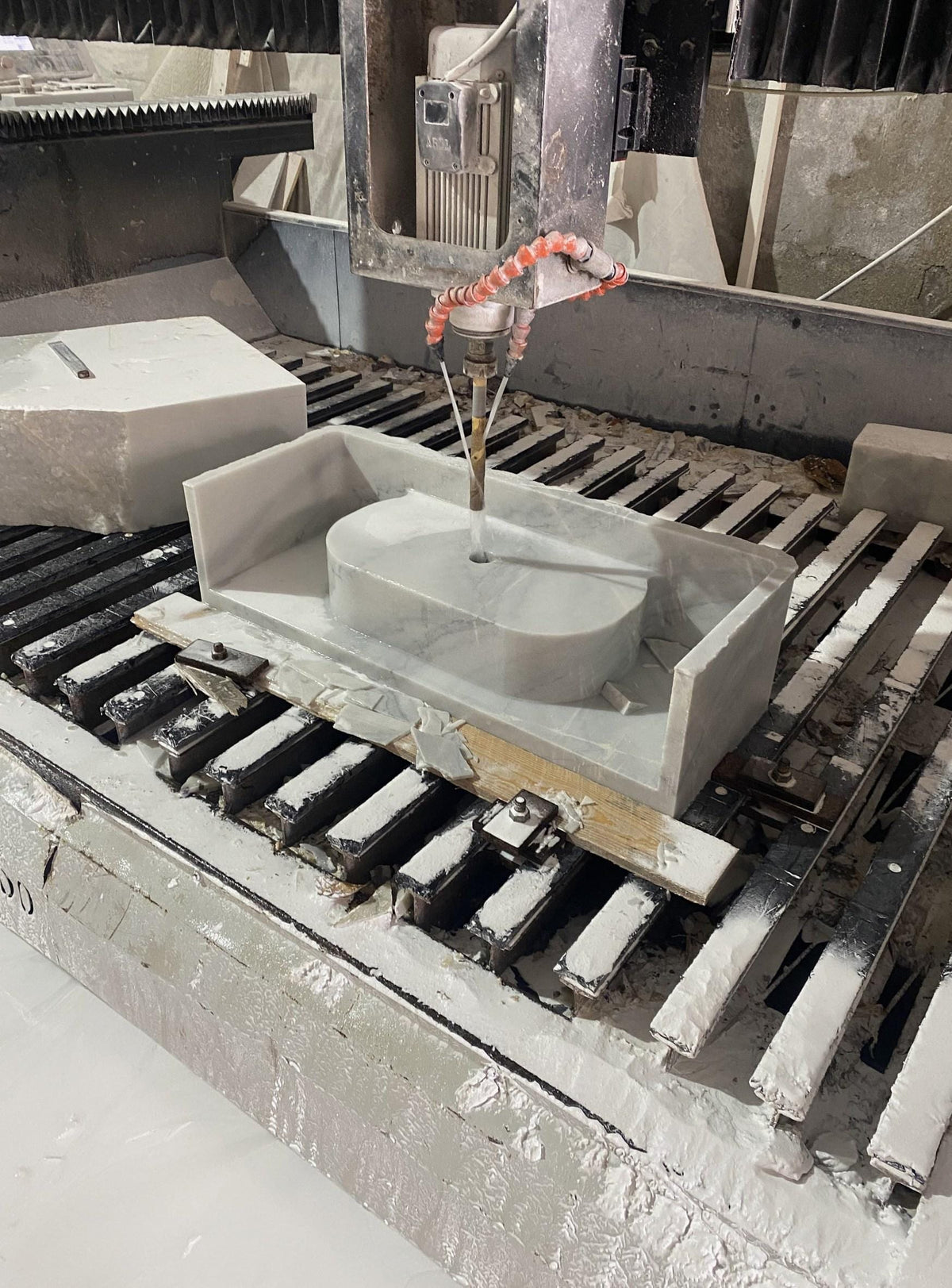 Custom Carrara Floating Marble Basin with Backsplash and Hand Carved Detail, Small Batch Artisan Production — view 13