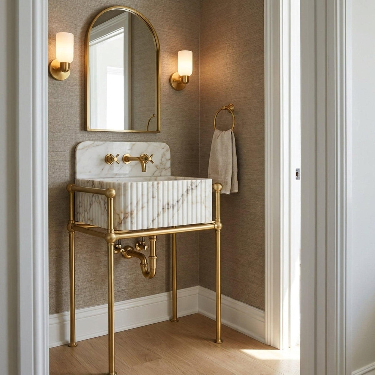 Fluted Calacatta Gold Floating Marble Basin with Backsplash and Optional Metal Stand, Small Batch Made to Order — view 1