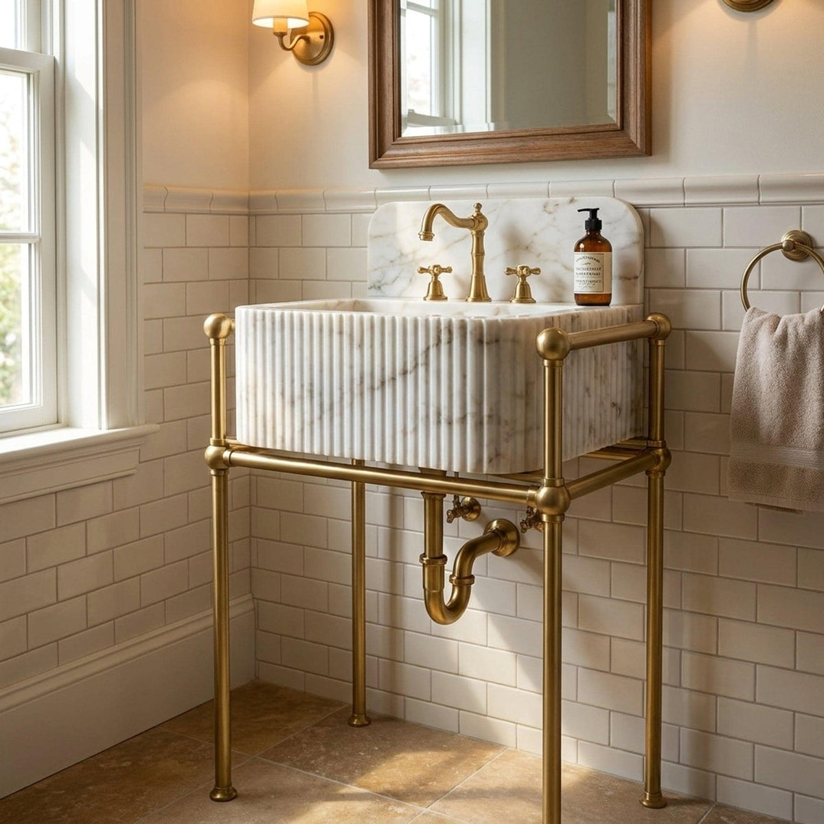Fluted Calacatta Gold Floating Marble Basin with Backsplash and Optional Metal Stand, Small Batch Made to Order — view 16