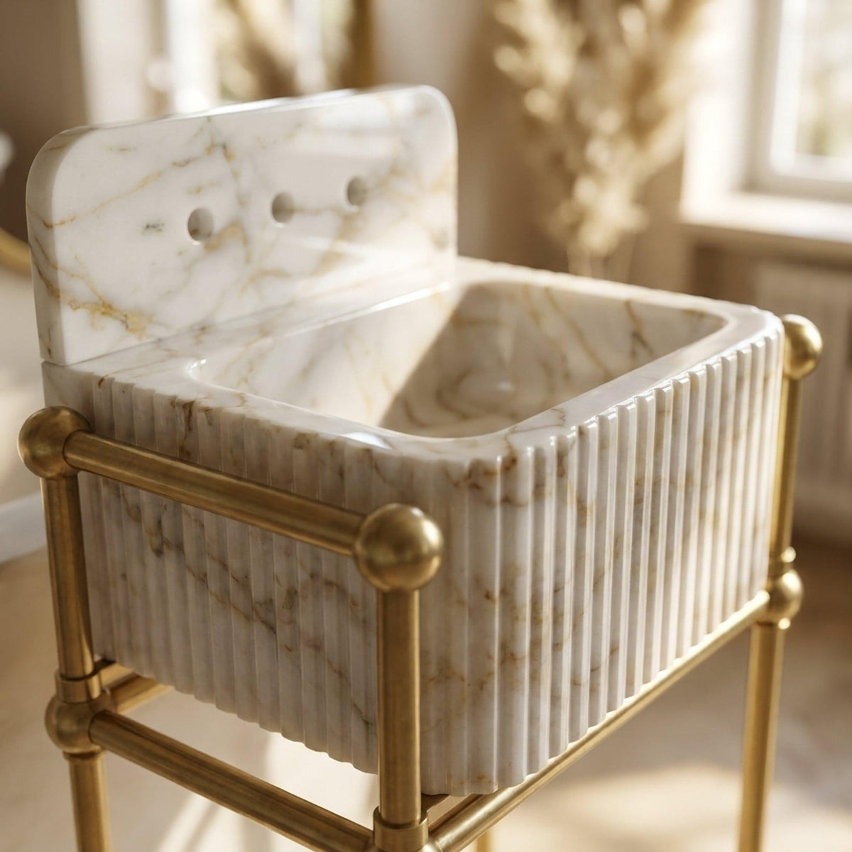 Fluted Calacatta Gold Floating Marble Basin with Backsplash and Optional Metal Stand, Small Batch Made to Order — view 15