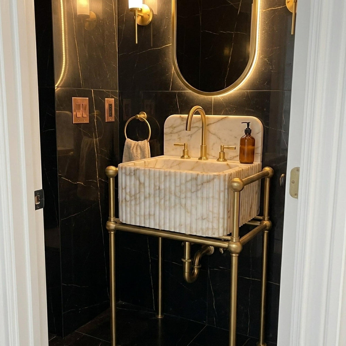Fluted Calacatta Gold Floating Marble Basin with Backsplash and Optional Metal Stand, Small Batch Made to Order — view 17