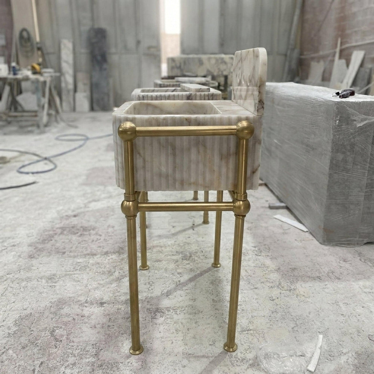 Fluted Calacatta Gold Floating Marble Basin with Backsplash and Optional Metal Stand, Small Batch Made to Order — view 4