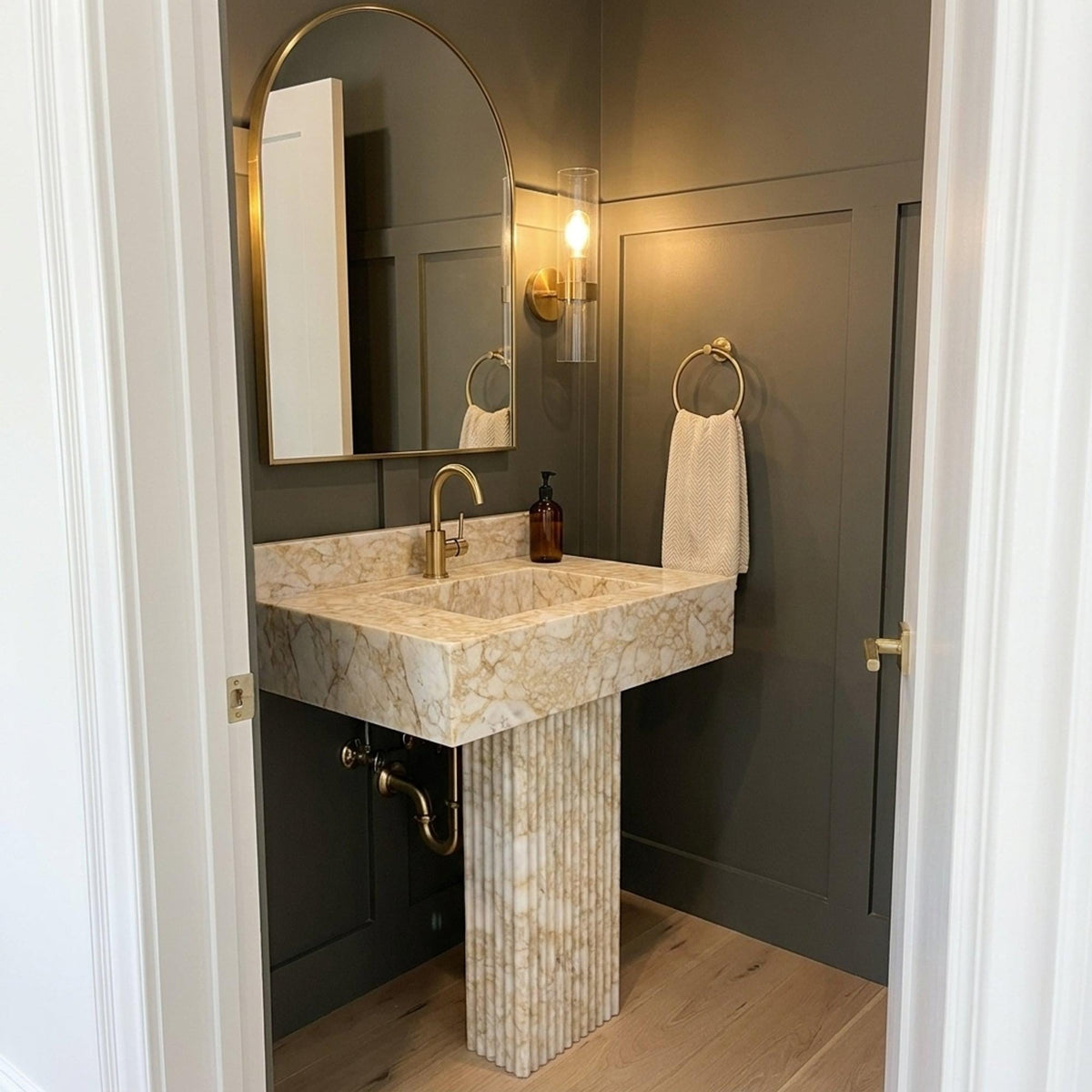 Calacatta Gold Sink | Fluted Calacatta Gold Floating Marble Basin with Backsplash and Hand Carved Detail, Small Batch Made to Order — view 17