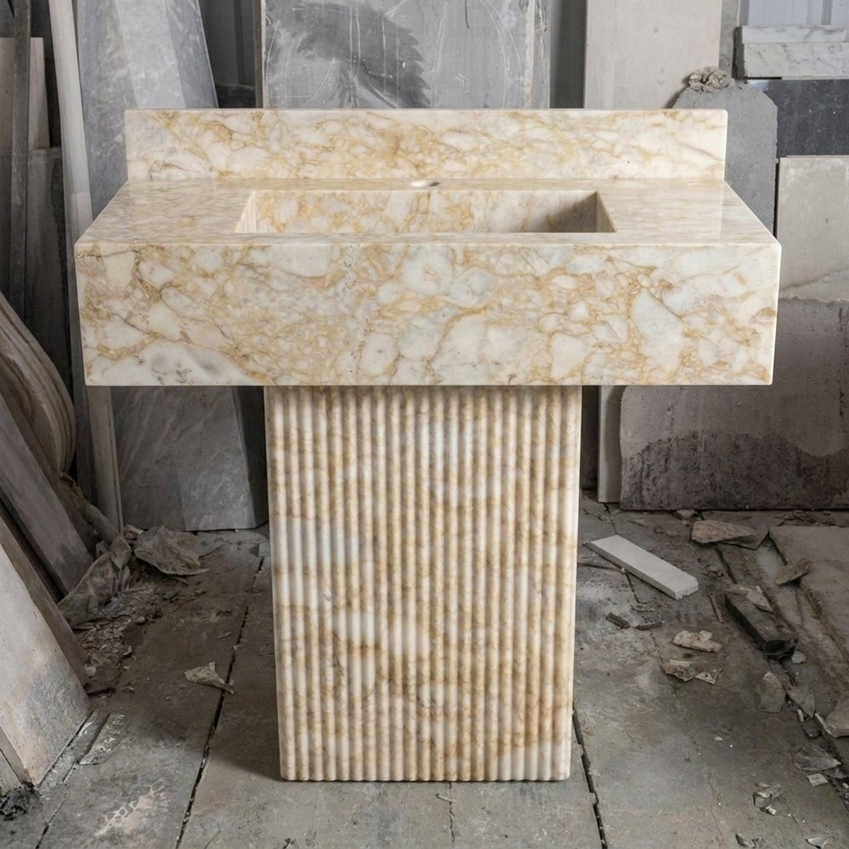 Calacatta Gold Sink | Fluted Calacatta Gold Floating Marble Basin with Backsplash and Hand Carved Detail, Small Batch Made to Order — view 12