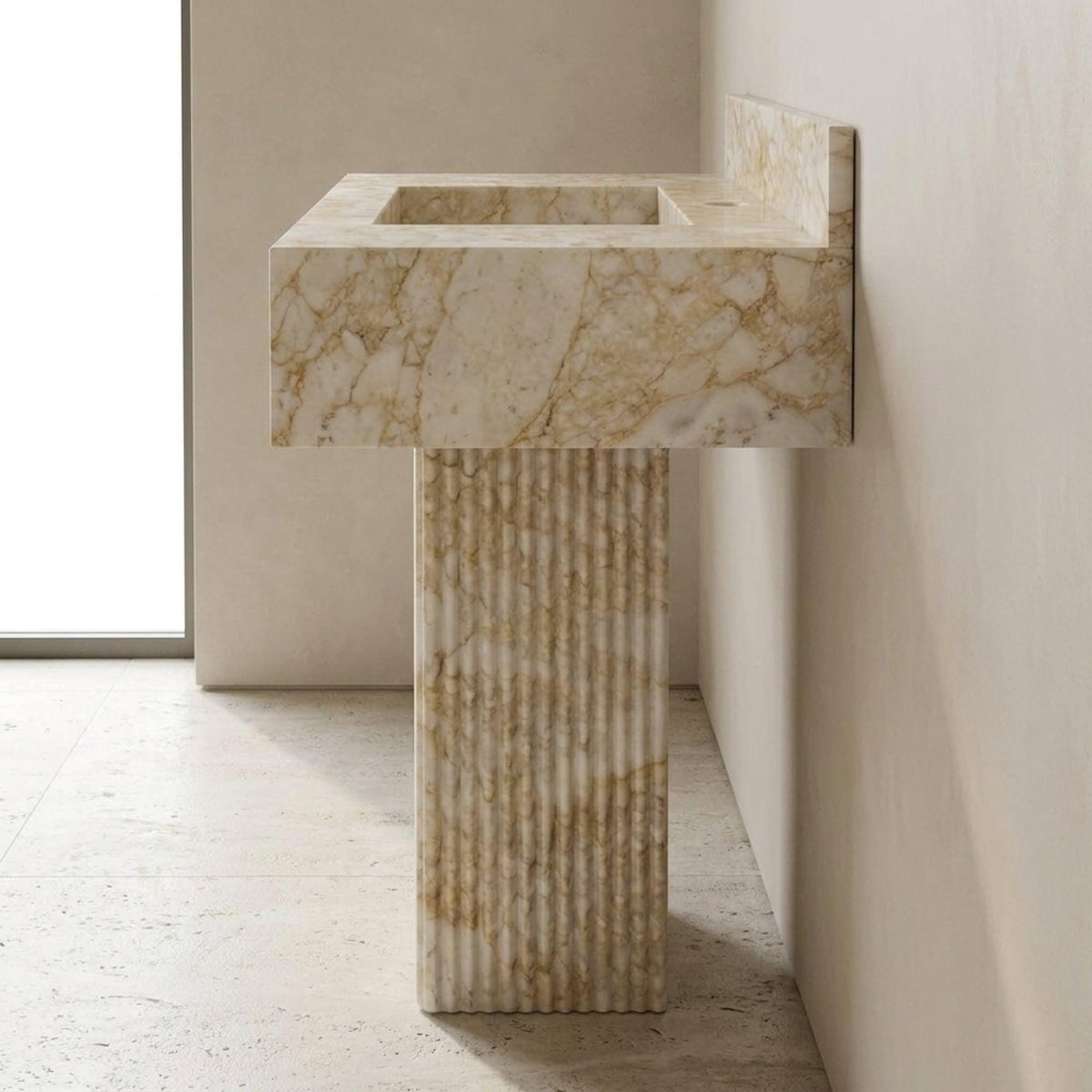 Calacatta Gold Sink | Fluted Calacatta Gold Floating Marble Basin with Backsplash and Hand Carved Detail, Small Batch Made to Order — view 14