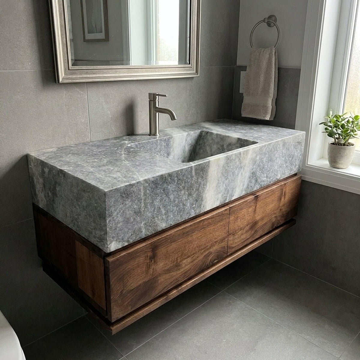 Hand Carved Grey Marble Vanity Basin with Wood Vanity, Small Batch Made to Order — view 17