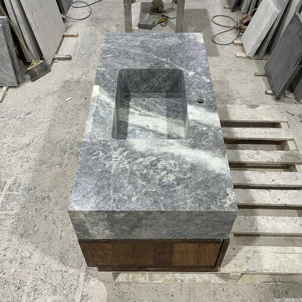 Hand Carved Grey Marble Vanity Basin with Wood Vanity, Small Batch Made to Order — view 4