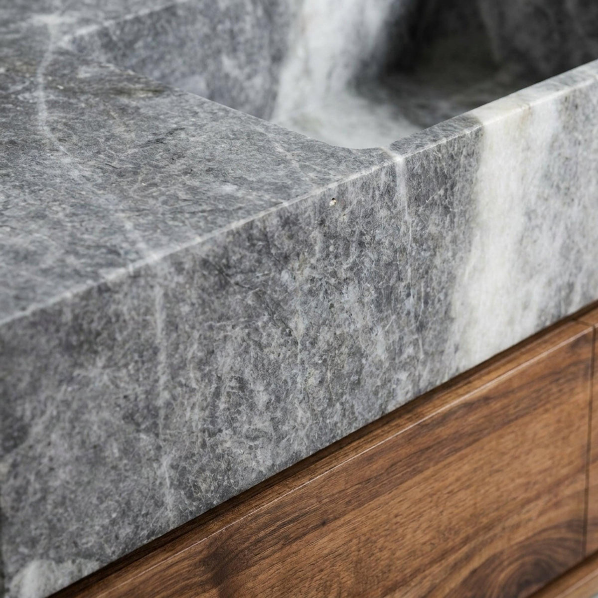 Hand Carved Grey Marble Vanity Basin with Wood Vanity, Small Batch Made to Order — view 5