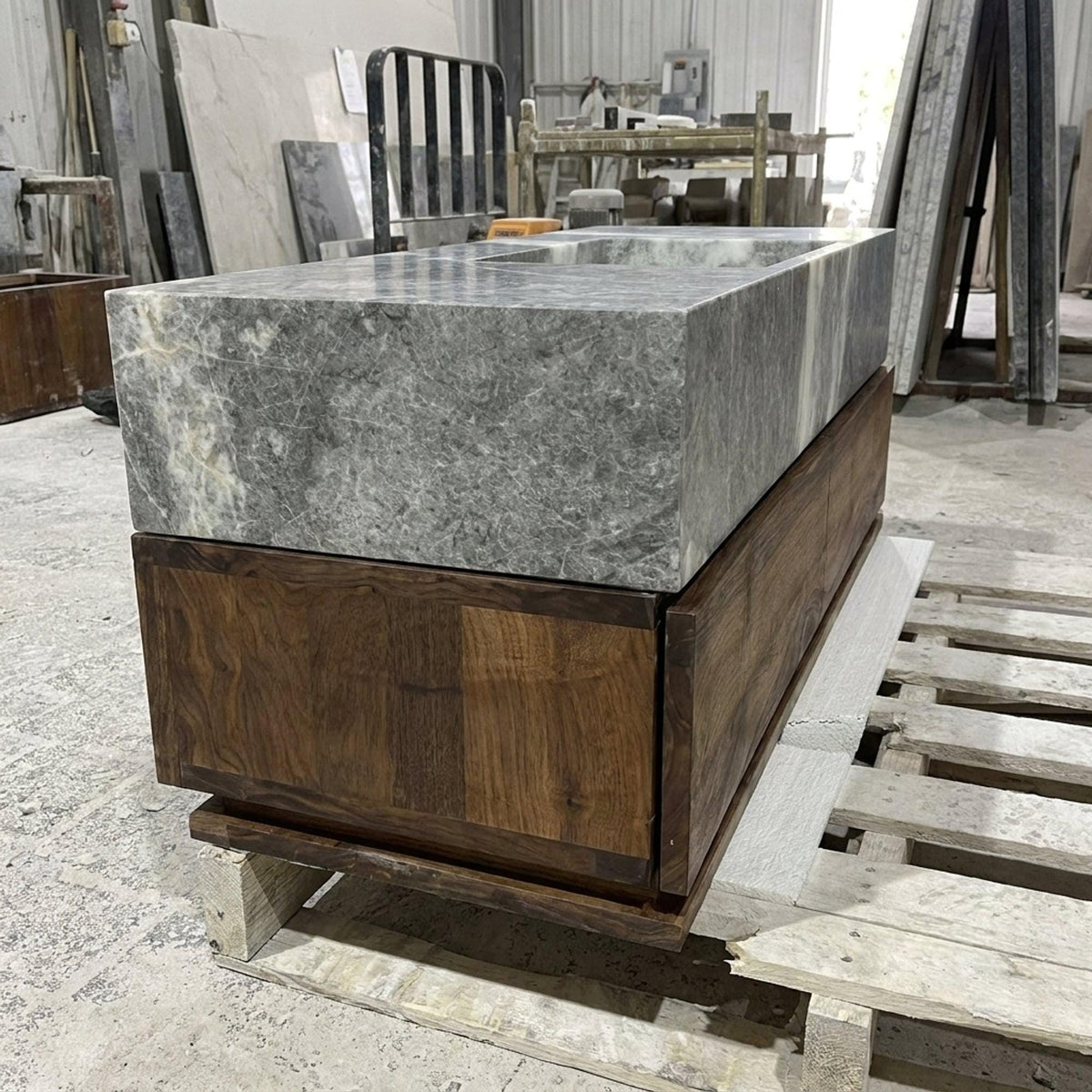 Hand Carved Grey Marble Vanity Basin with Wood Vanity, Small Batch Made to Order — view 6