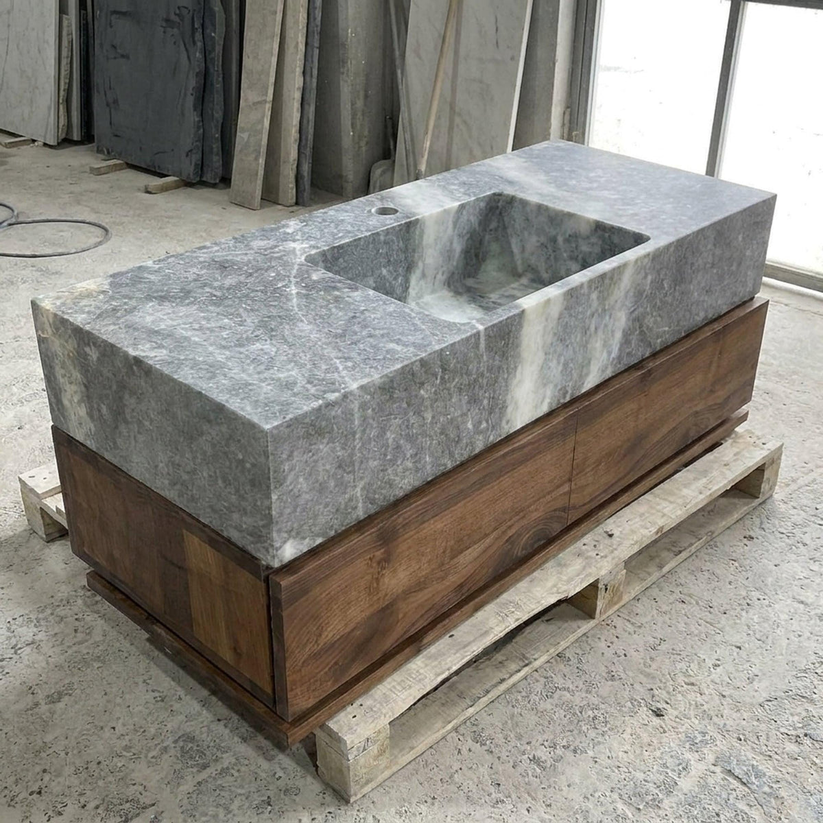 Hand Carved Grey Marble Vanity Basin with Wood Vanity, Small Batch Made to Order — view 3