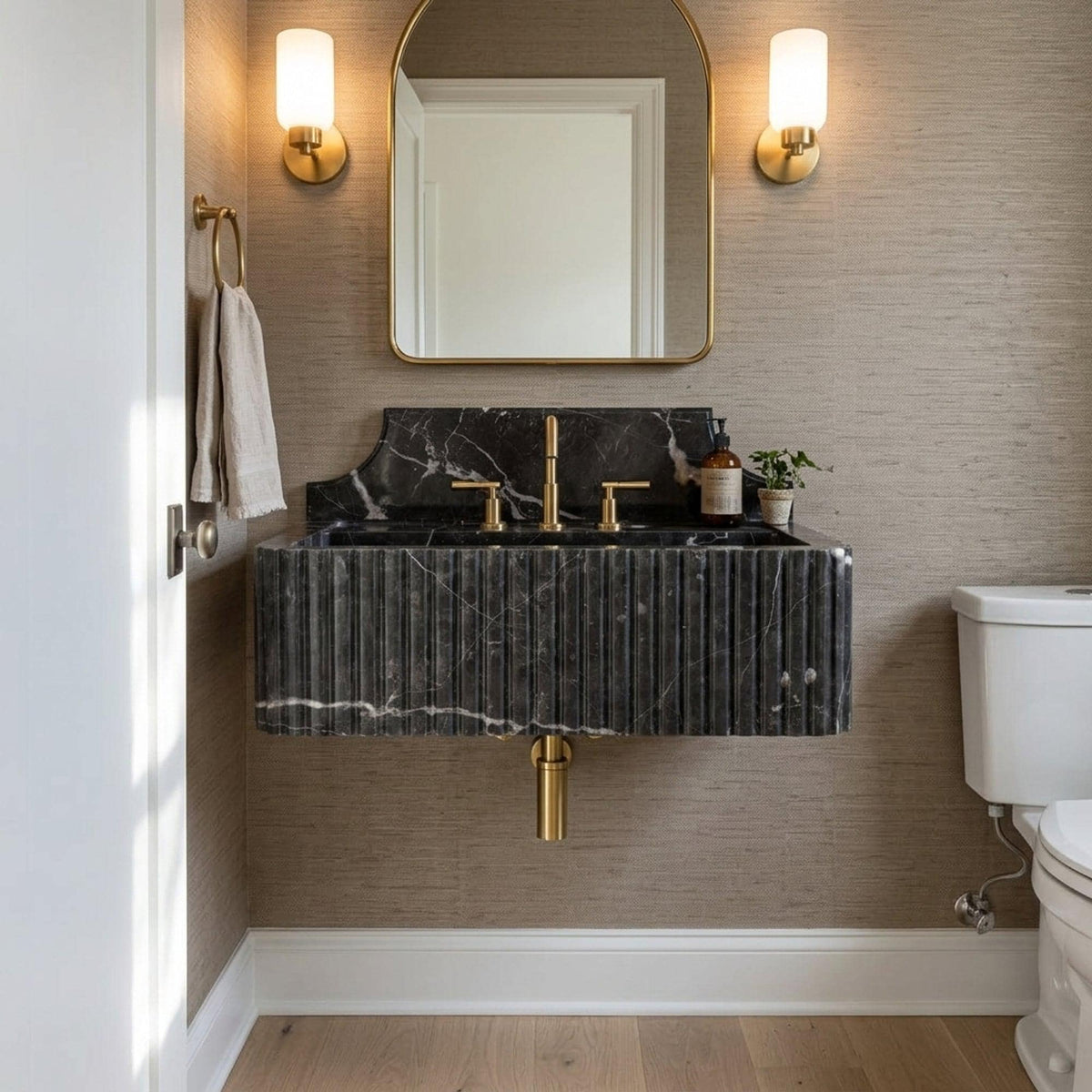 Pietre Notte Fluted Floating Marble Basin with Backsplash and Hand Carved Detail, Short Run Atelier Craft — view 2