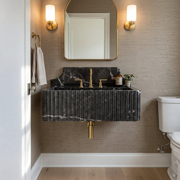 Pietre Notte Fluted Floating Marble Basin with Backsplash and Hand Carved Detail, Short Run Atelier Craft hover