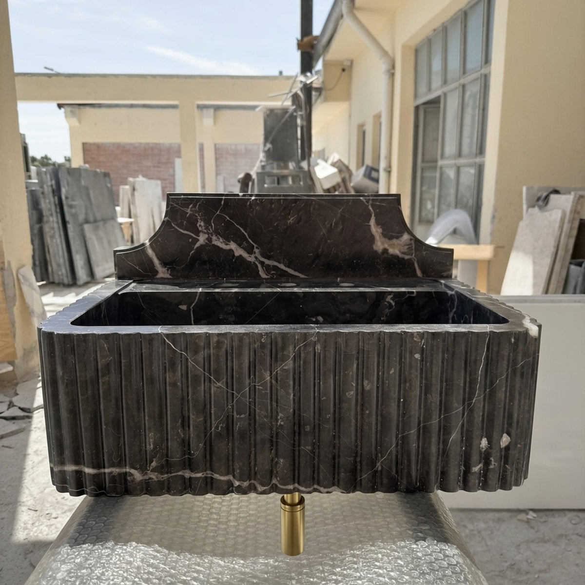 Pietre Notte Fluted Floating Marble Basin with Backsplash and Hand Carved Detail, Short Run Atelier Craft — view 3