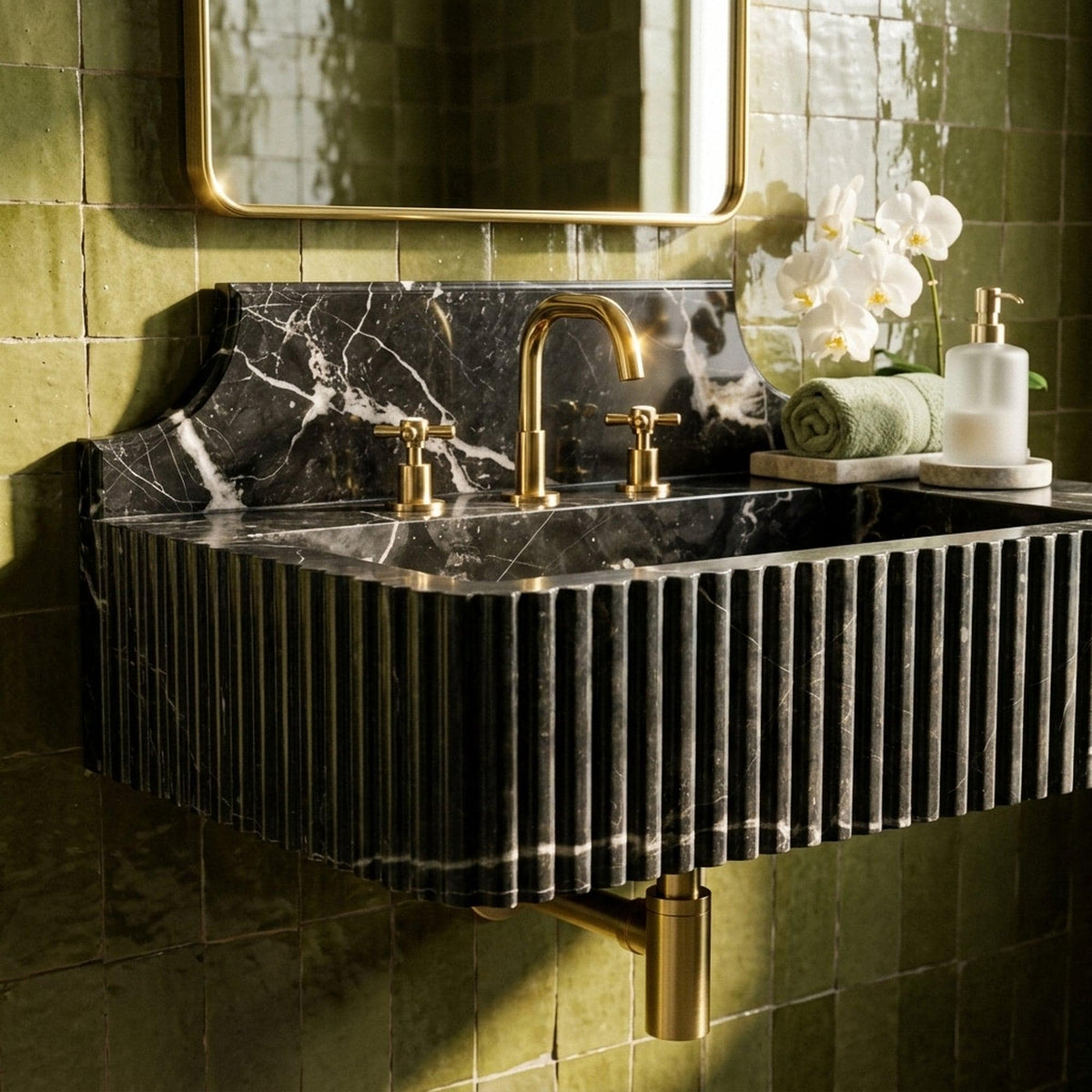 Pietre Notte Fluted Floating Marble Basin with Backsplash and Hand Carved Detail, Short Run Atelier Craft — view 1