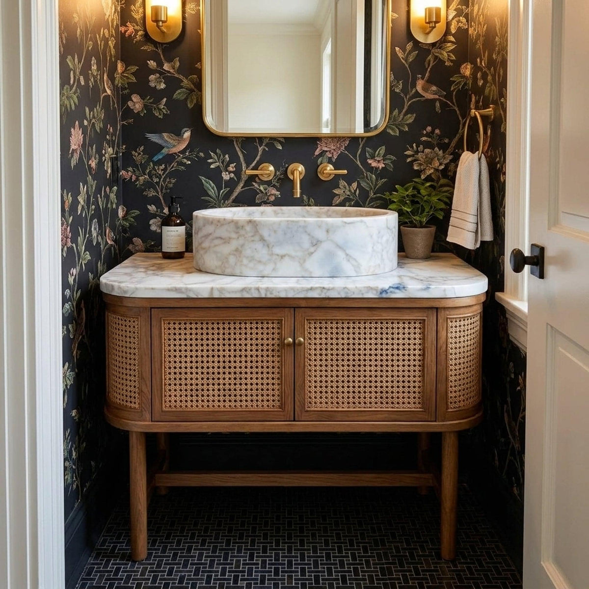 Hand Carved Calacatta Gold Marble Vanity Basin with Wood Vanity, Small Batch Made to Order — view 1