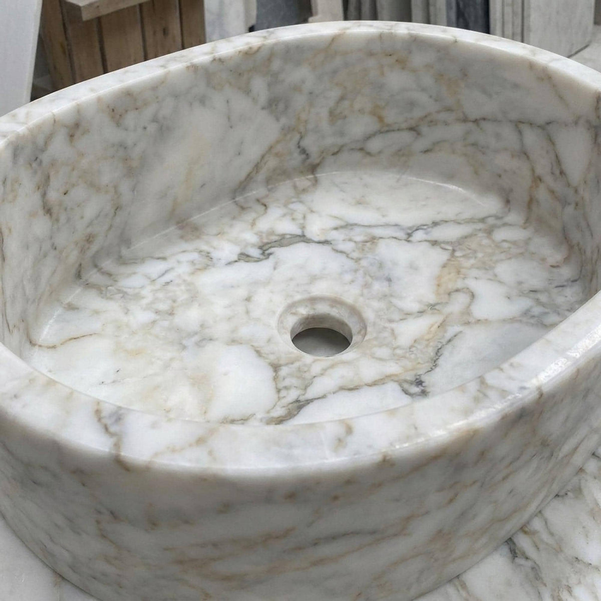 Hand Carved Calacatta Gold Marble Vanity Basin with Wood Vanity, Small Batch Made to Order — view 7