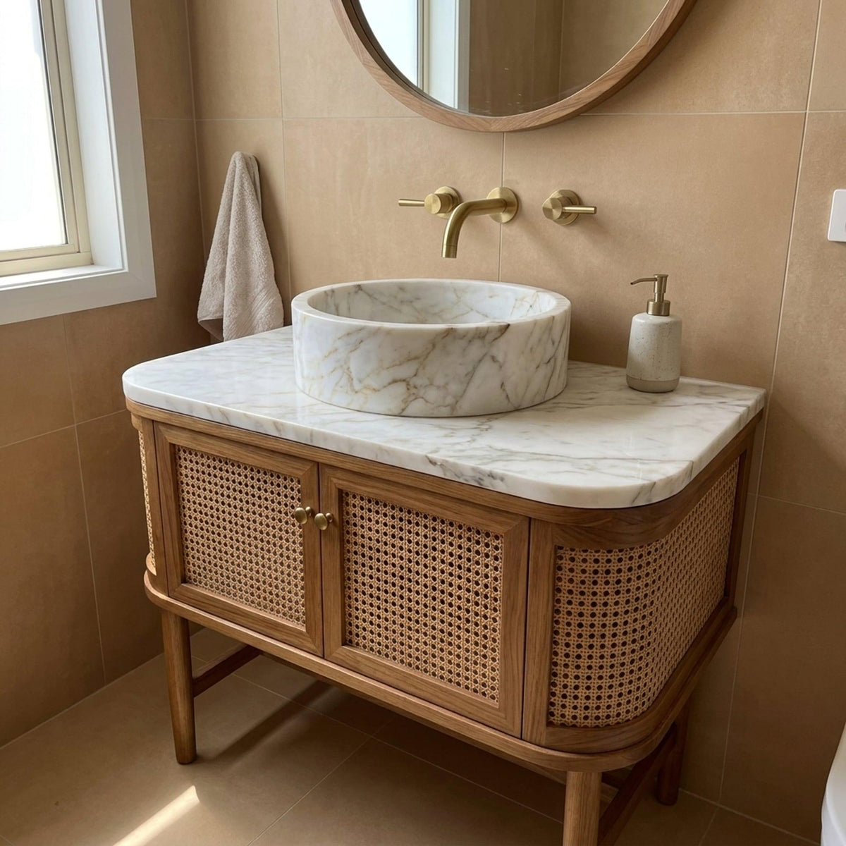 Hand Carved Calacatta Gold Marble Vanity Basin with Wood Vanity, Small Batch Made to Order — view 14