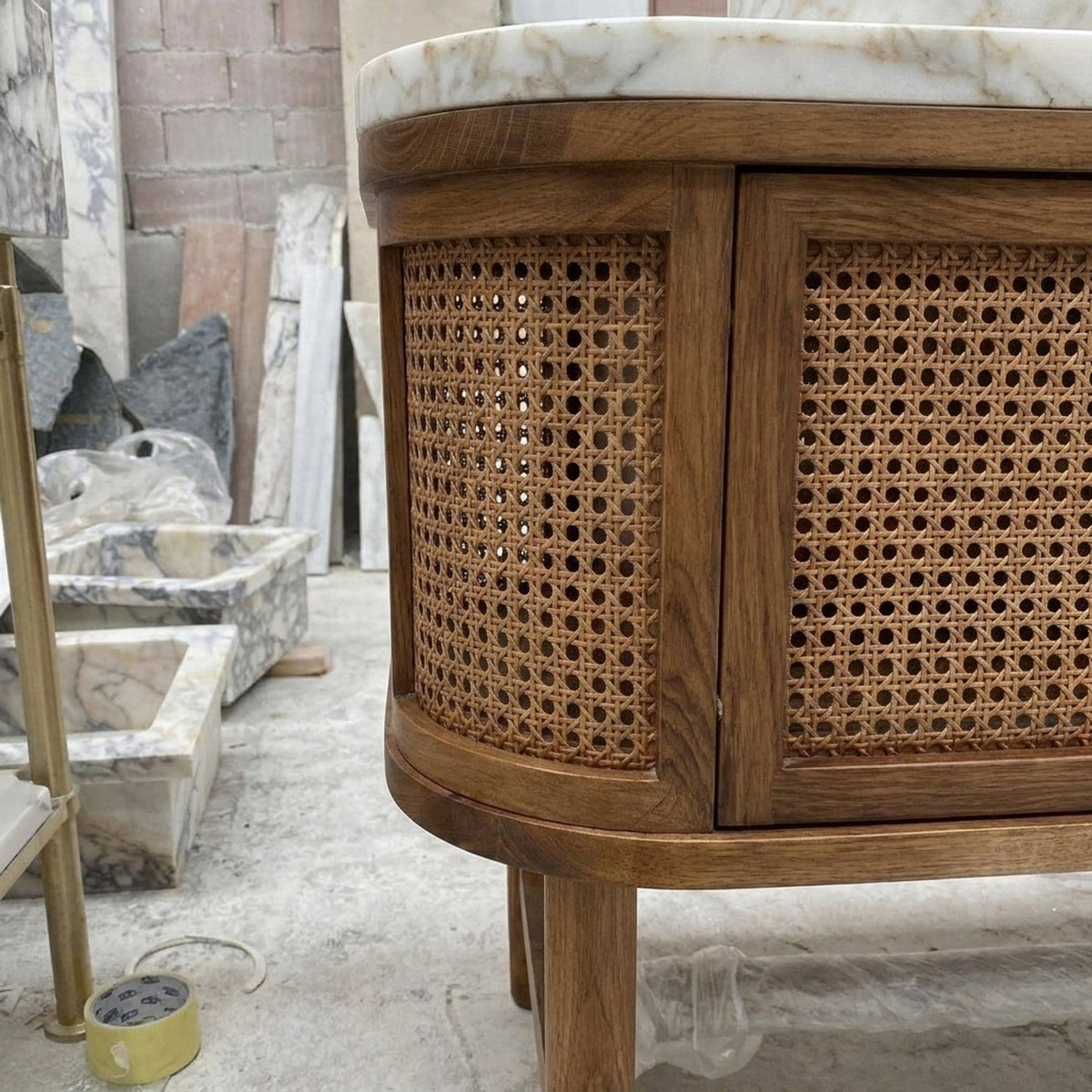 Hand Carved Calacatta Gold Marble Vanity Basin with Wood Vanity, Small Batch Made to Order — view 5
