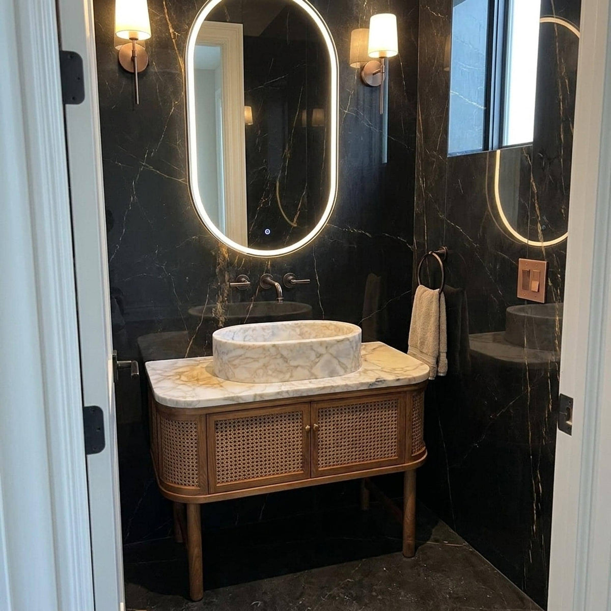 Hand Carved Calacatta Gold Marble Vanity Basin with Wood Vanity, Small Batch Made to Order — view 13