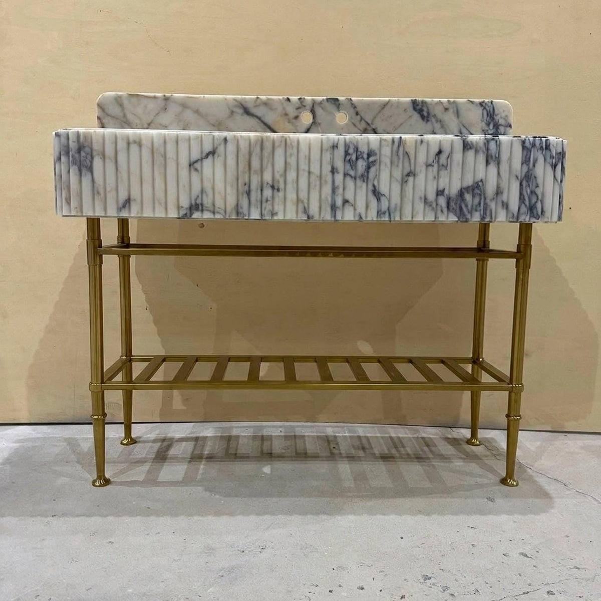 Fluted Calacatta Viola Marble Pedestal Basin with Backsplash and Optional Metal Stand, Limited Small Batch Craft — view 2