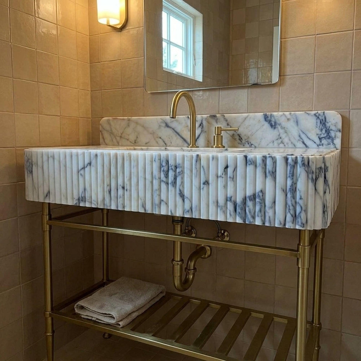 Fluted Calacatta Viola Marble Pedestal Basin with Backsplash and Optional Metal Stand, Limited Small Batch Craft — view 13