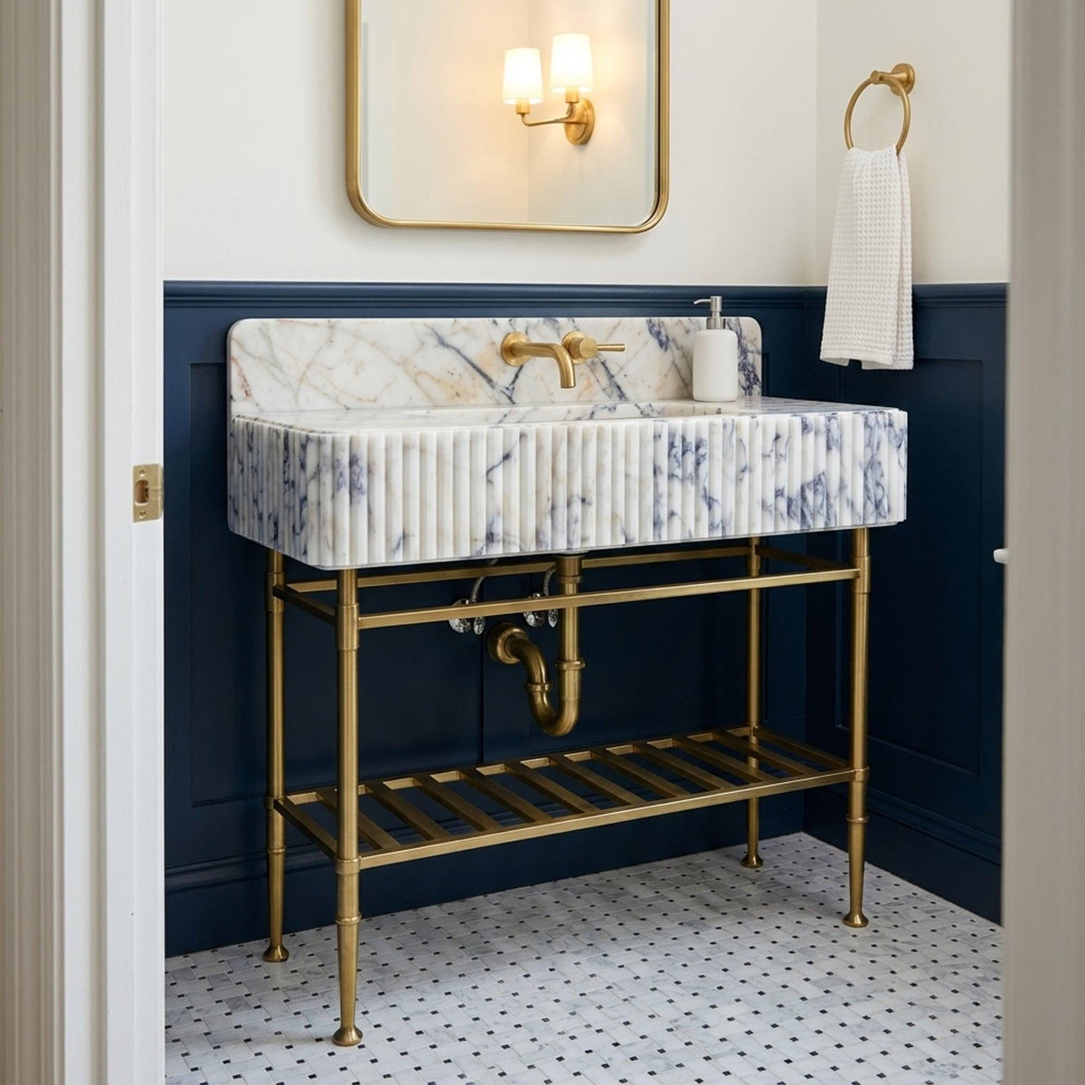 Fluted Calacatta Viola Marble Pedestal Basin with Backsplash and Optional Metal Stand, Limited Small Batch Craft — view 15
