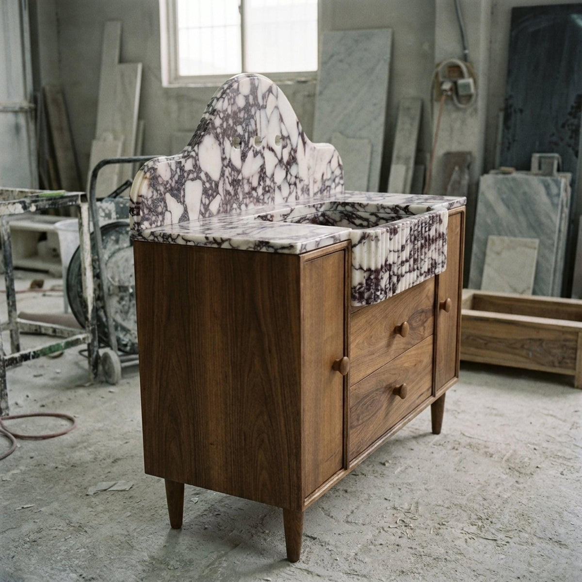 Viola Marble Sink | Fluted Calacatta Viola Marble Vanity Basin with Backsplash and Wood Vanity, Small Batch Made to Order — view 4