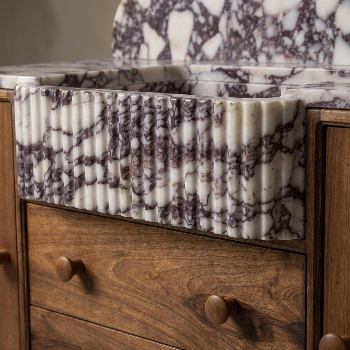 Viola Marble Sink | Fluted Calacatta Viola Marble Vanity Basin with Backsplash and Wood Vanity, Small Batch Made to Order — view 14