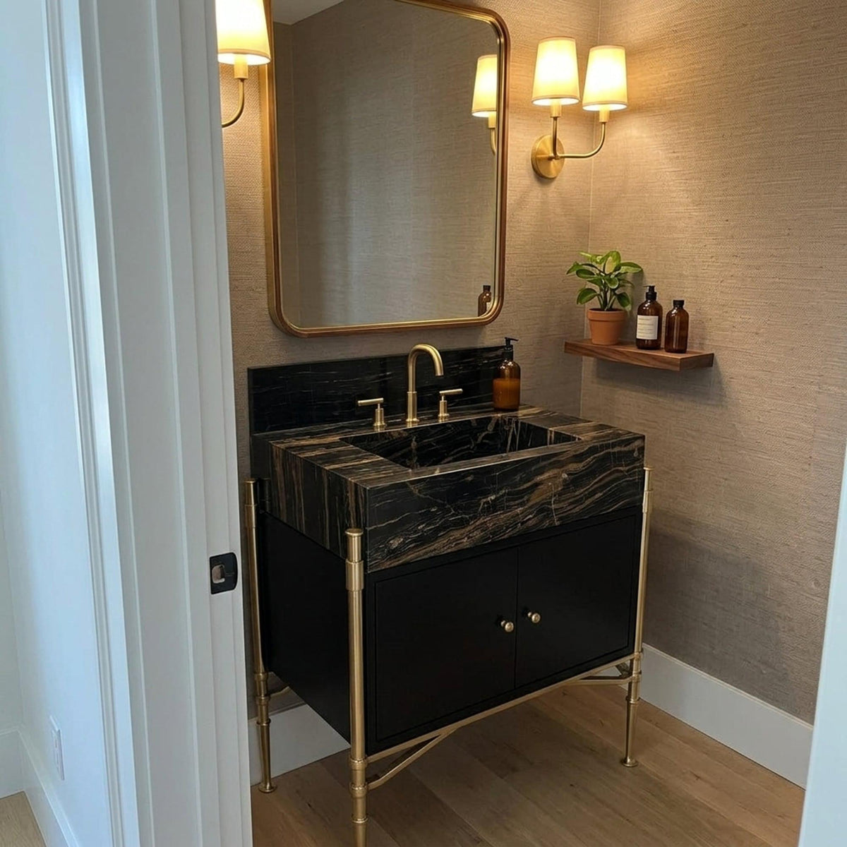 Custom Picasso Marble Vanity Basin with Backsplash and Wood Vanity, Made in Small Batches — view 16