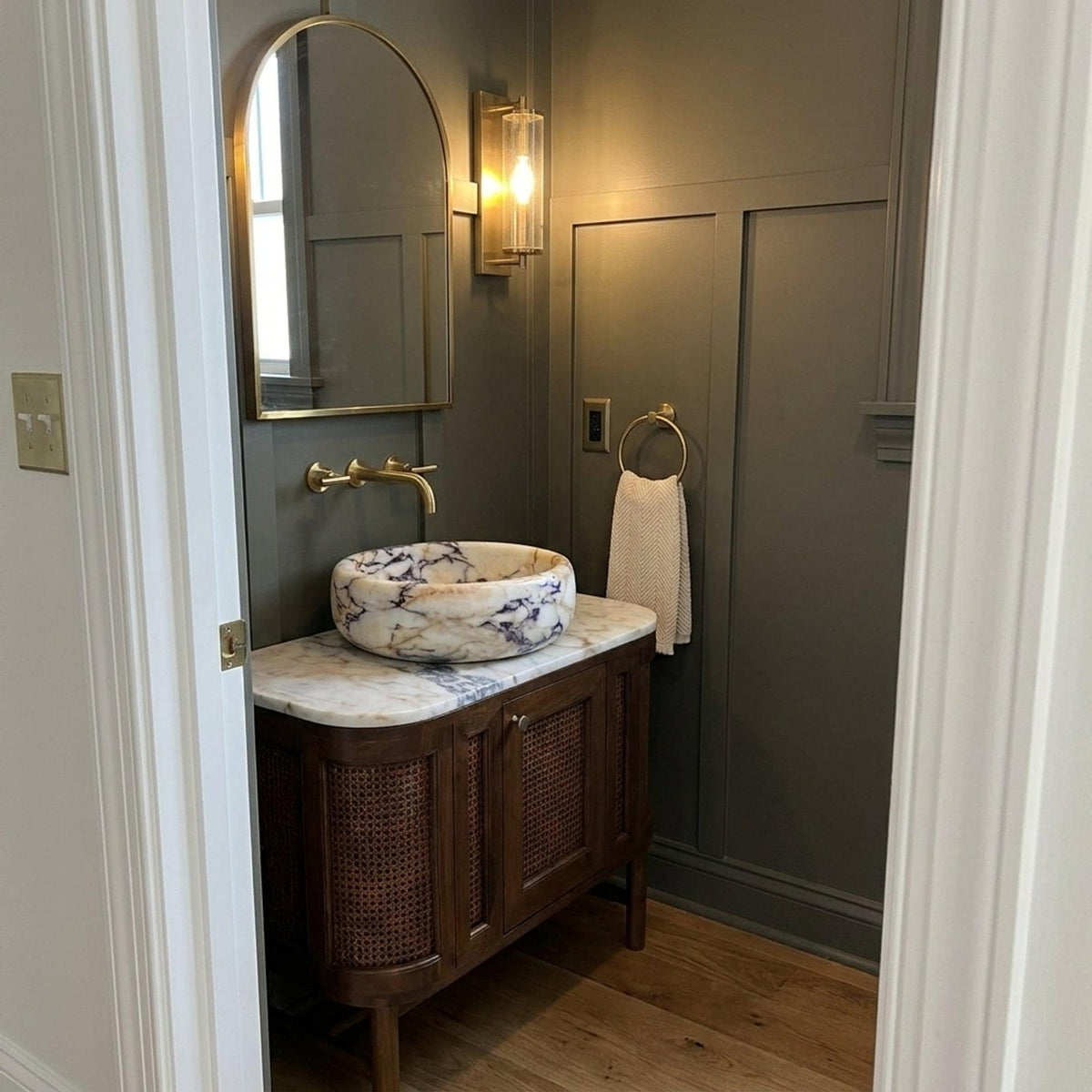 Viola Sink | Hand Carved Calacatta Viola Marble Vanity Basin with Wood Vanity, Small Batch Made to Order — view 16