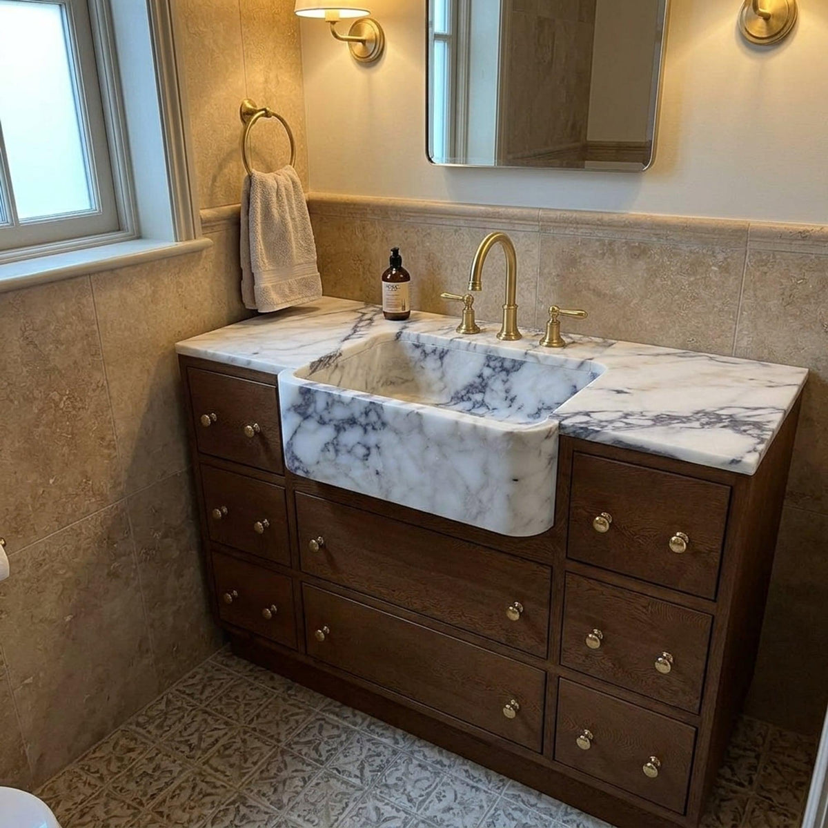Calacatta Viola Hand Carved Marble Vanity Basin with Wood Vanity for Custom Bathroom, Honed Finish — view 14