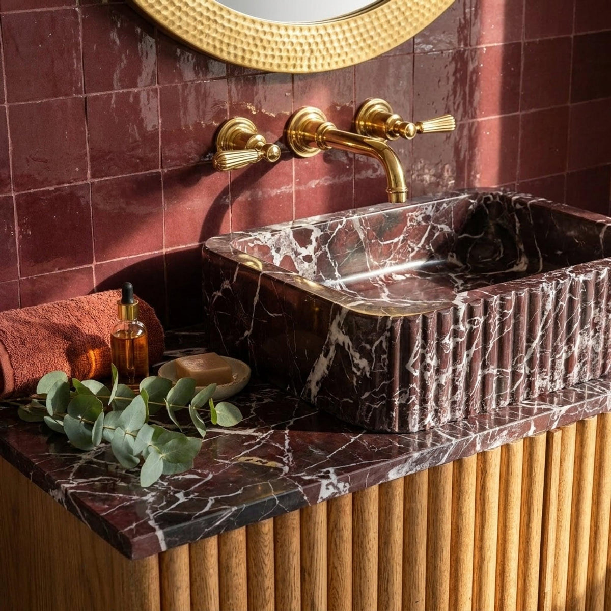 Fluted Rosso Levanto Marble Vanity Basin with Wood Vanity and Hand Carved Detail, Limited Small Batch Craft — view 1