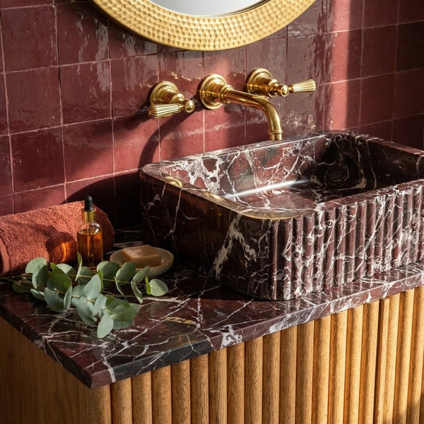 Fluted Rosso Levanto Marble Vanity Basin with Wood Vanity and Hand Carved Detail, Limited Small Batch Craft