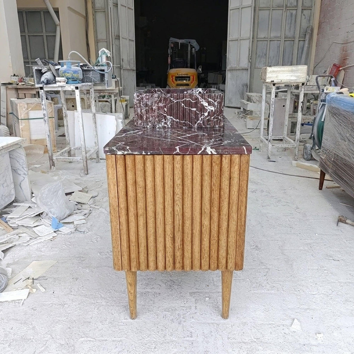 Fluted Rosso Levanto Marble Vanity Basin with Wood Vanity and Hand Carved Detail, Limited Small Batch Craft — view 4