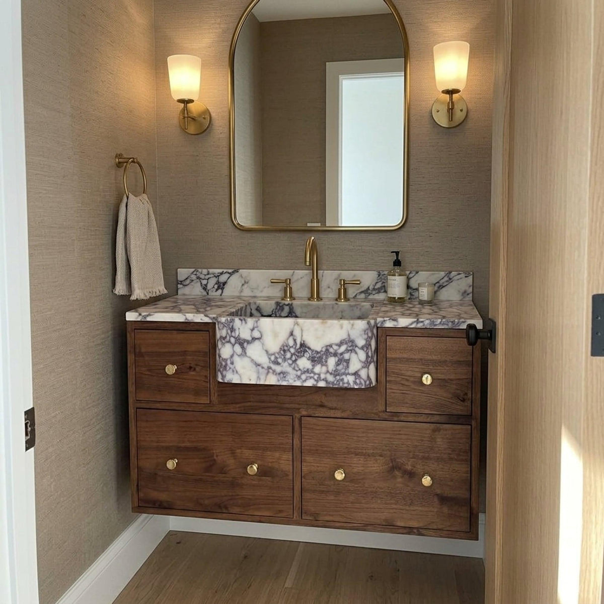 Viola Marble Sink | Hand Carved Calacatta Viola Marble Vanity Basin with Wood Vanity, Made in Small Batches — view 15