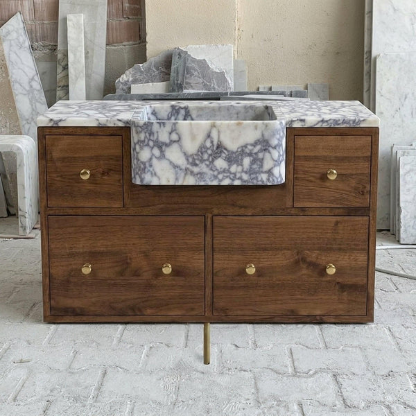 Viola Marble Sink | Hand Carved Calacatta Viola Marble Vanity Basin with Wood Vanity, Made in Small Batches hover