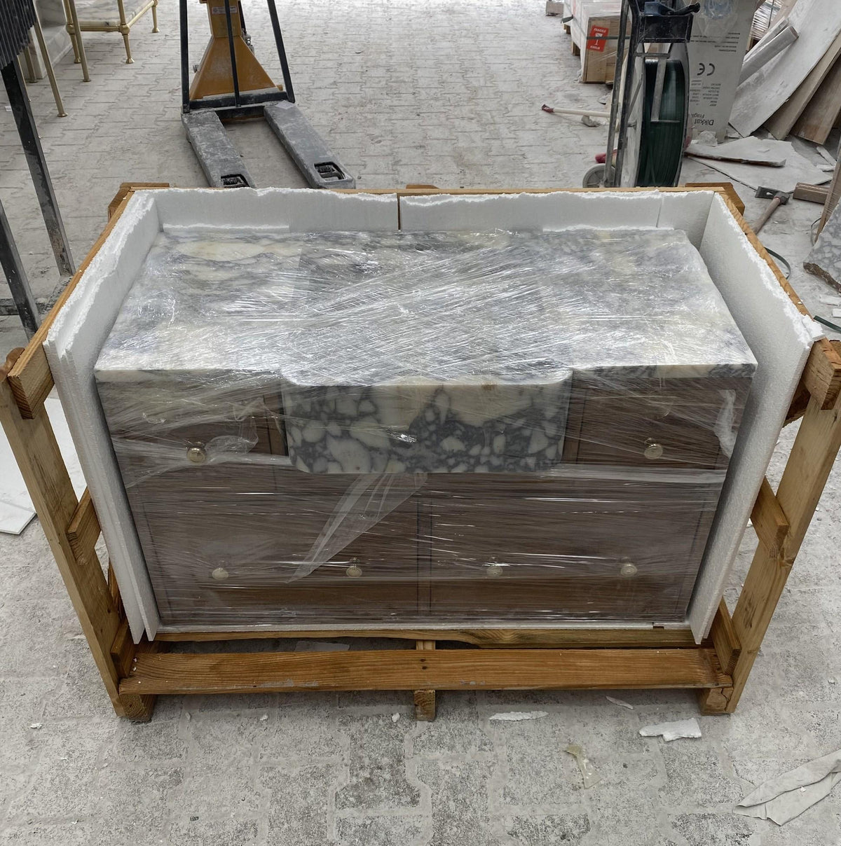 Viola Marble Sink | Hand Carved Calacatta Viola Marble Vanity Basin with Wood Vanity, Made in Small Batches — view 12