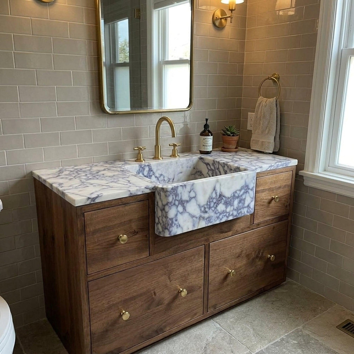 Viola Marble Sink | Hand Carved Calacatta Viola Marble Vanity Basin with Wood Vanity, Made in Small Batches — view 16