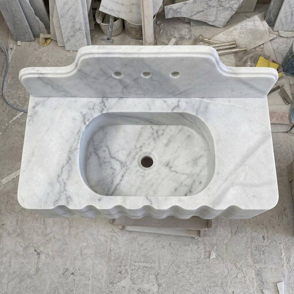 Custom Carrara Floating Marble Basin with Backsplash and Hand Carved Detail, Small Batch Artisan Production — view 4