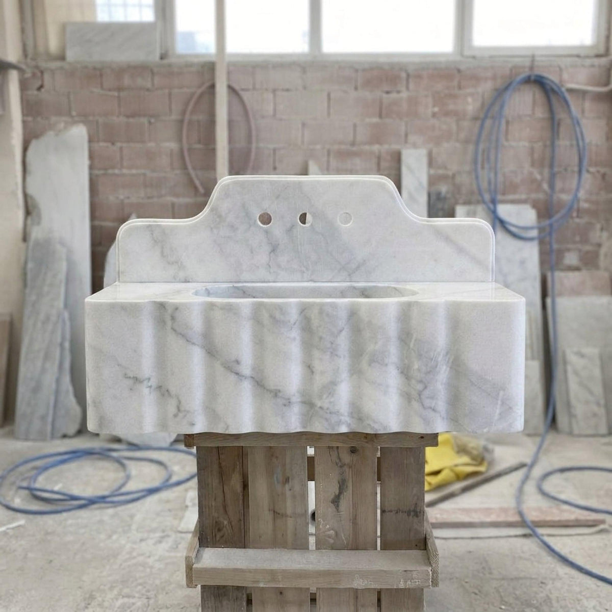 Custom Carrara Floating Marble Basin with Backsplash and Hand Carved Detail, Small Batch Artisan Production — view 3