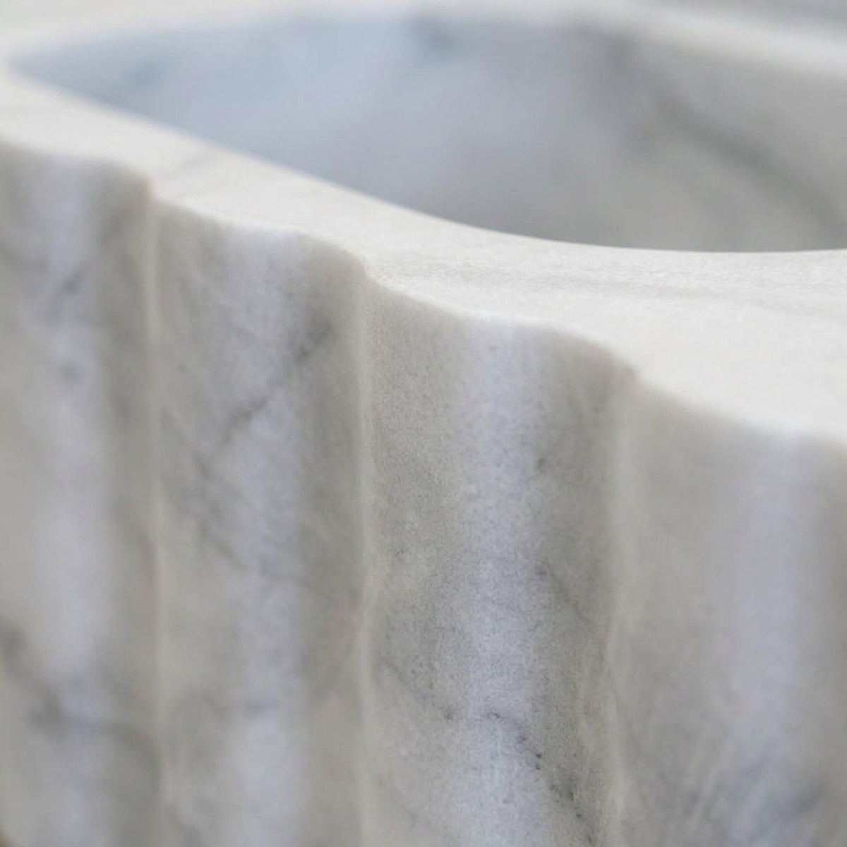 Custom Carrara Floating Marble Basin with Backsplash and Hand Carved Detail, Small Batch Artisan Production — view 15