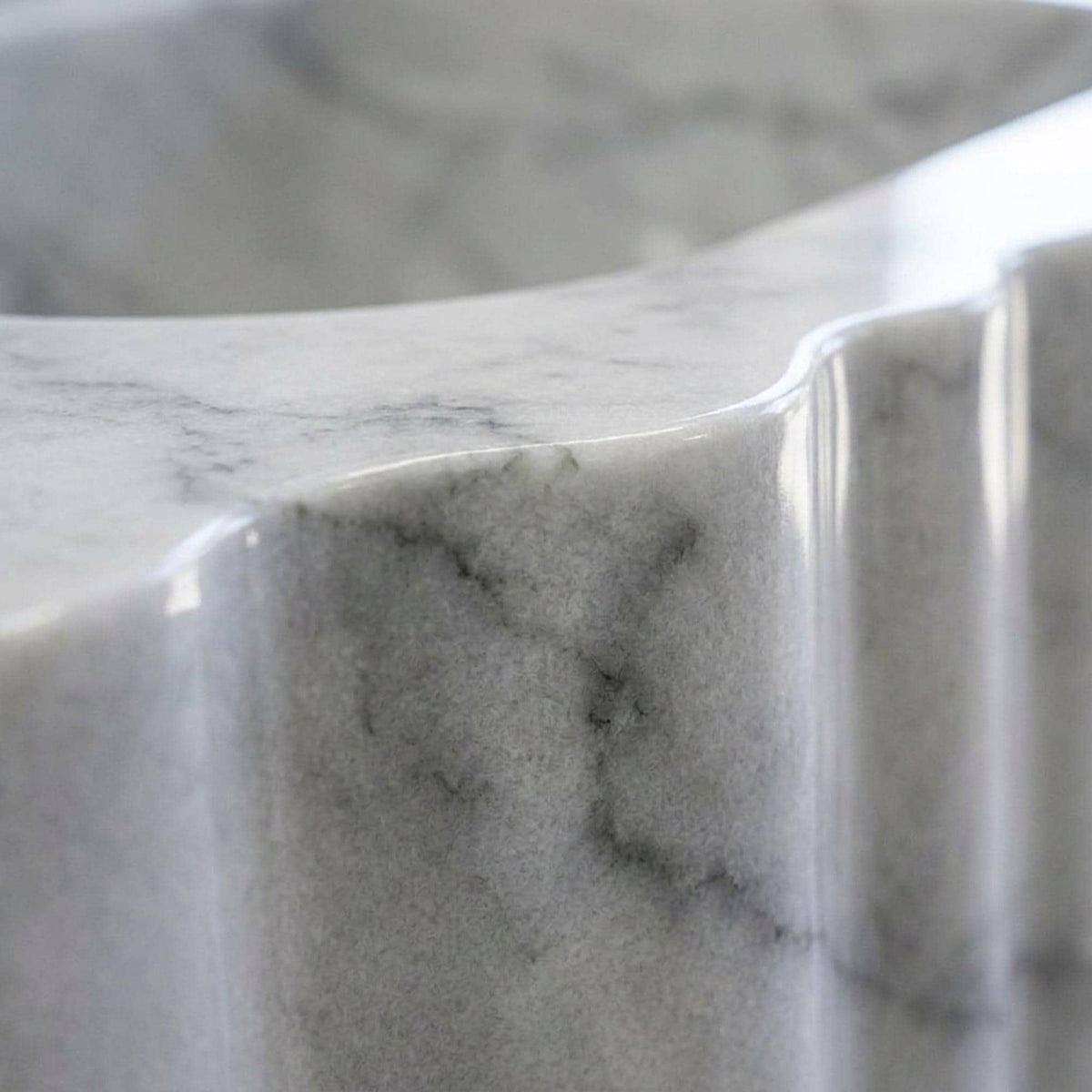 Custom Carrara Floating Marble Basin with Backsplash and Hand Carved Detail, Small Batch Artisan Production — view 6