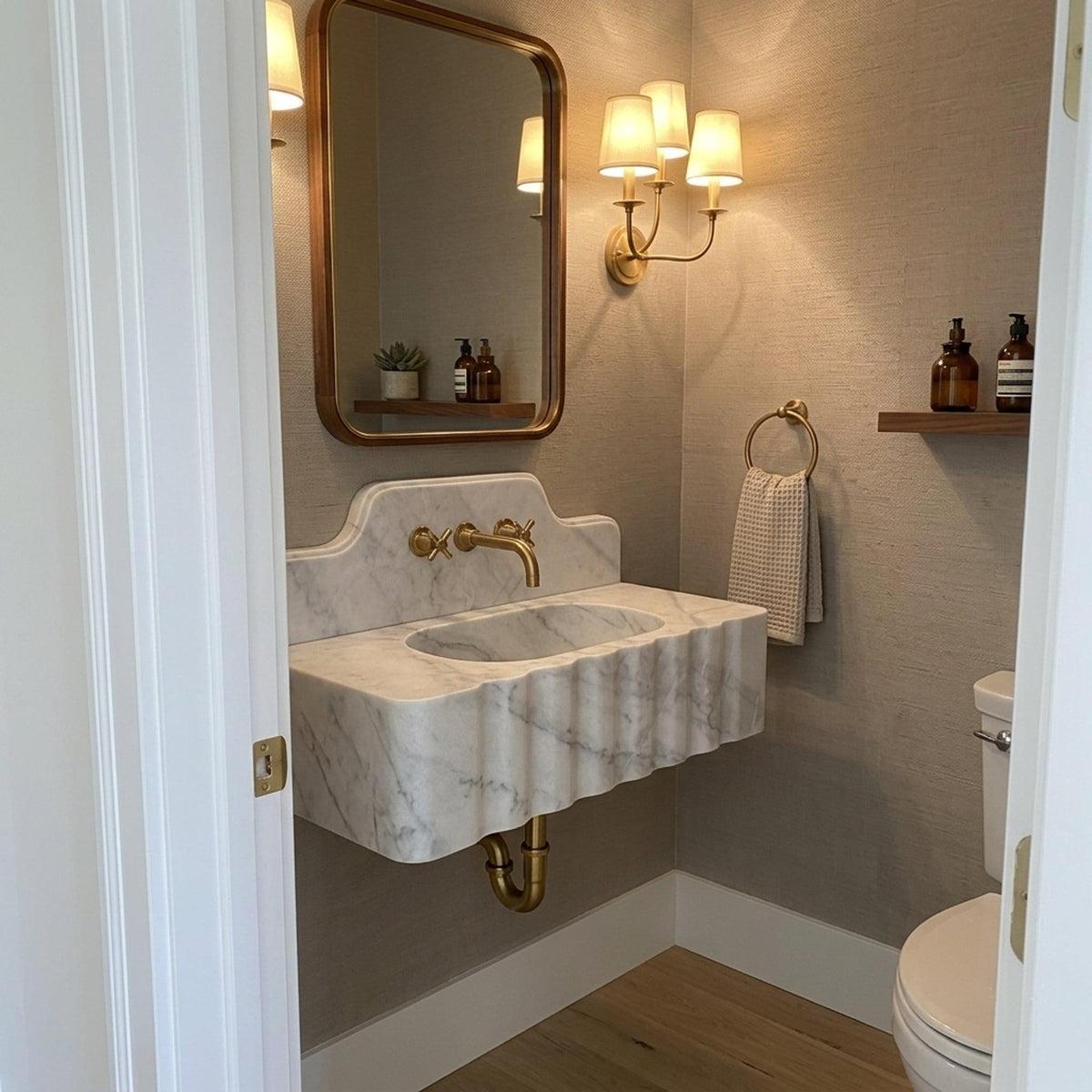 Custom Carrara Floating Marble Basin with Backsplash and Hand Carved Detail, Small Batch Artisan Production — view 16